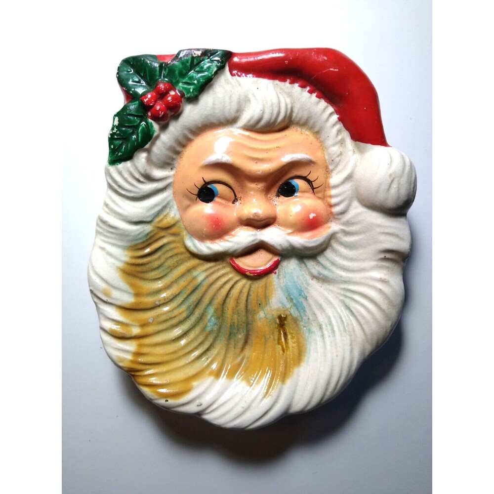 Santa Clause Christmas Soap Dish Head Face Ceramic Plate Japan Kitsch Vintage